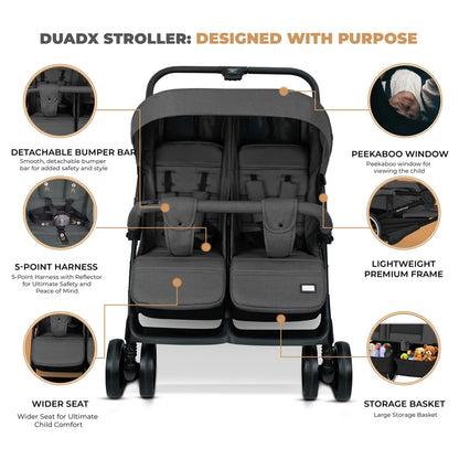 Neobreez DUADX Double Stroller, Compact Twin Stroller (Dark Grey)