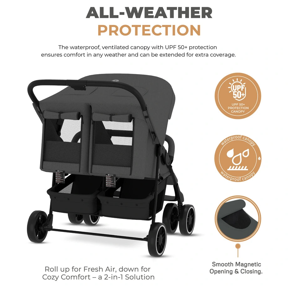 Neobreez DUADX Double Stroller, Compact Twin Stroller (Dark Grey)