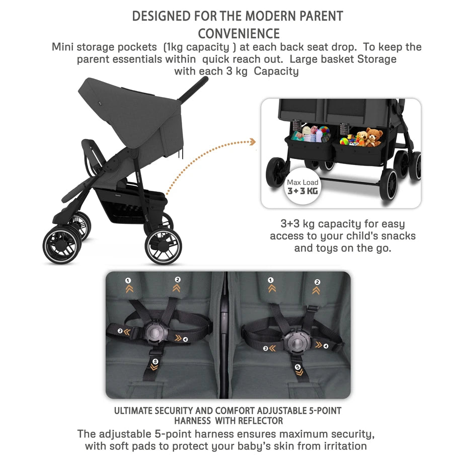 Neobreez DUADX Double Stroller, Compact Twin Stroller (Dark Grey)