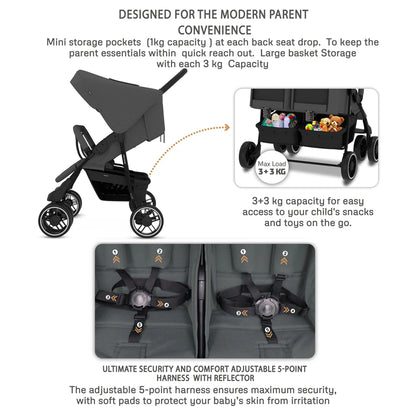 Neobreez DUADX Double Stroller, Compact Twin Stroller (Dark Grey)