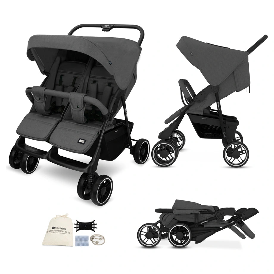 Neobreez DUADX Double Stroller, Compact Twin Stroller (Dark Grey)