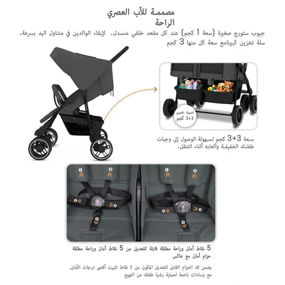 Neobreez DUADX Double Stroller, Compact Twin Stroller (Dark Grey)