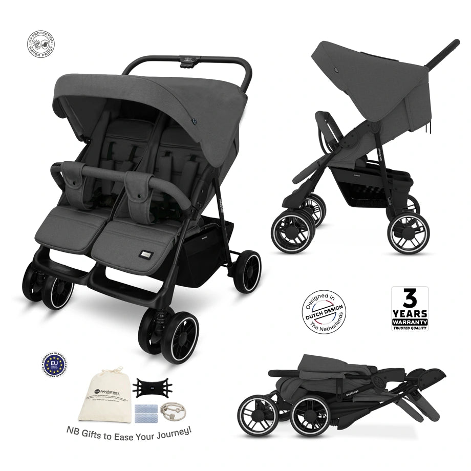 Neobreez DUADX Double Stroller, Compact Twin Stroller (Dark Grey)
