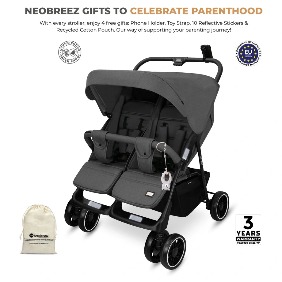 Neobreez DUADX Double Stroller, Compact Twin Stroller (Dark Grey)