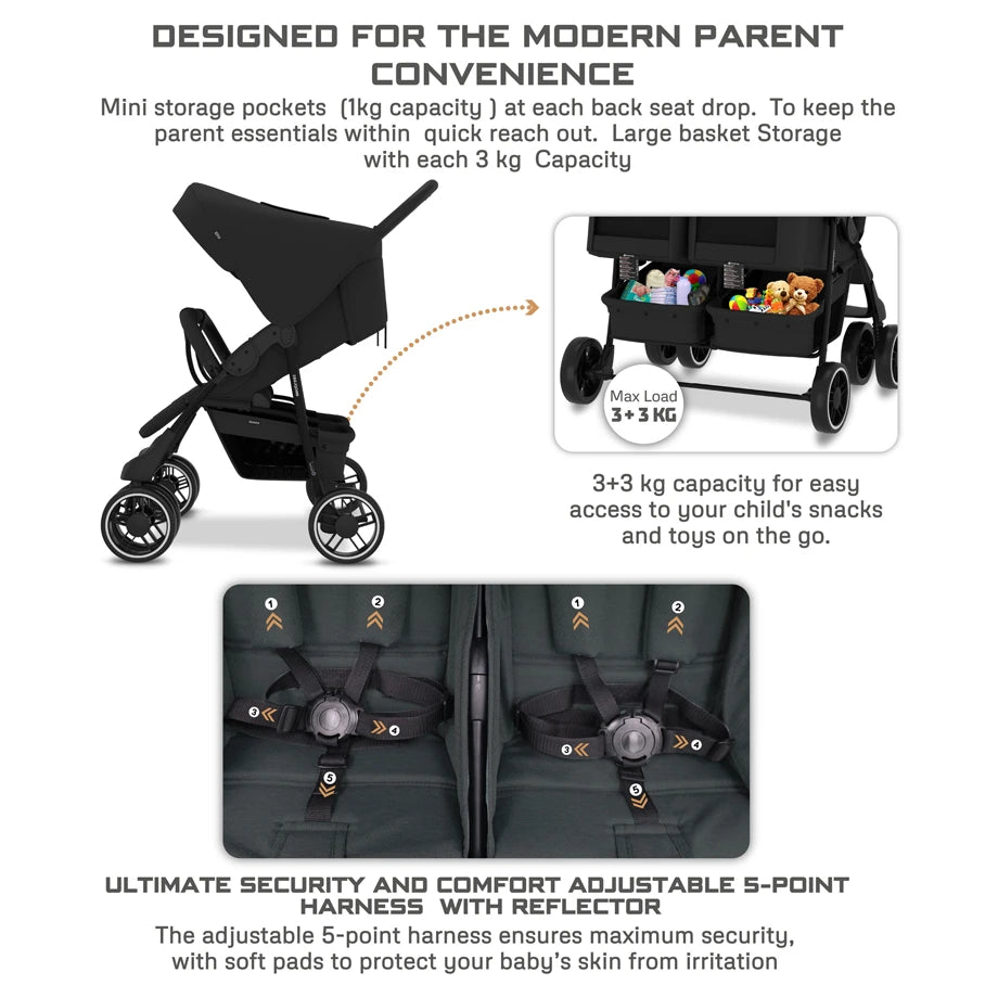 Neobreez DUADX Double Stroller, Compact Twin Stroller (Black)