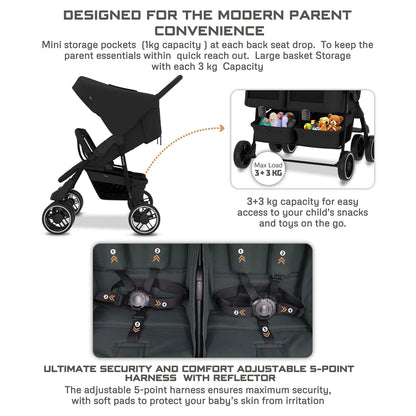 Neobreez DUADX Double Stroller, Compact Twin Stroller (Black)