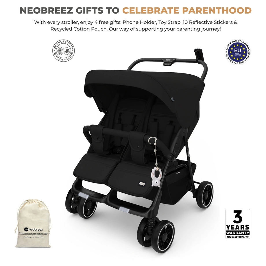 Neobreez DUADX Double Stroller, Compact Twin Stroller (Black)