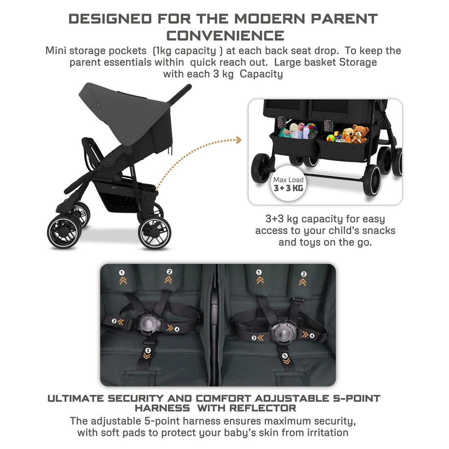 Neobreez Duadx Twin Double Stroller (Grey/Black)