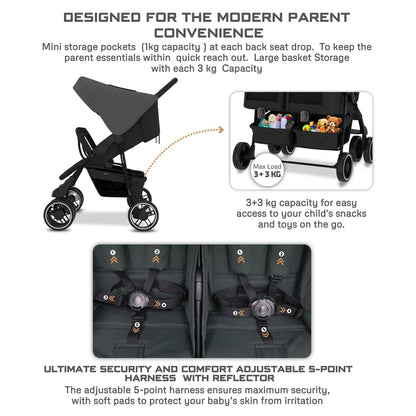 Neobreez Duadx Twin Double Stroller (Grey/Black)