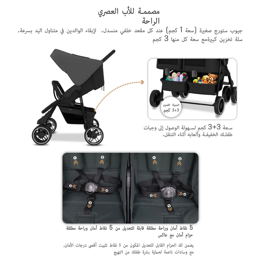 Neobreez Duadx Twin Double Stroller (Grey/Black)