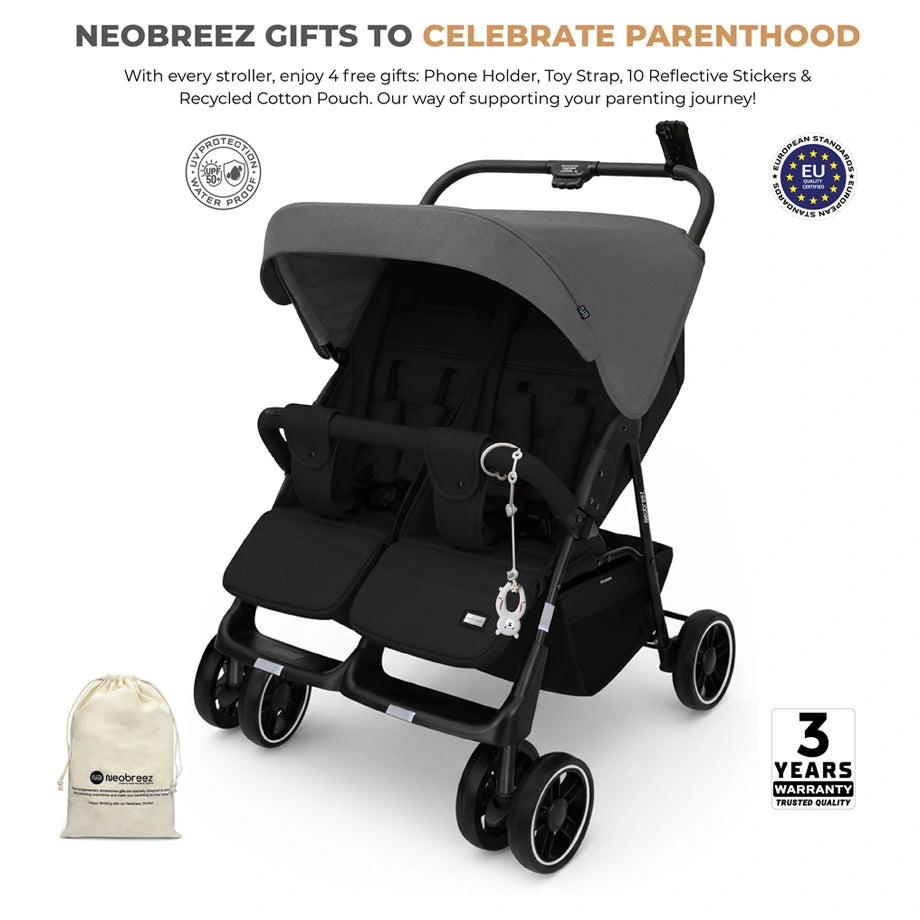 Neobreez Duadx Twin Double Stroller (Grey/Black)