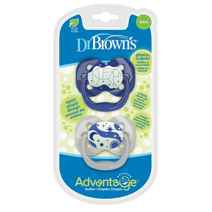Dr. Brown's Advantage Glow in The Dark Pacifiers, Stage 1 pack of 2 (Blue)