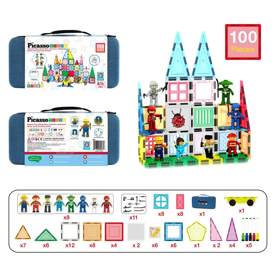 PicassoTiles Magnetic Tiles Creative Building Set with Carry Case (41.91 x 20.90 x 9.40 cm, 100 Pieces)