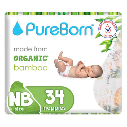 PureBorn Organic Bamboo Diapers Size NB (Up to 5 kg) Pack of 34