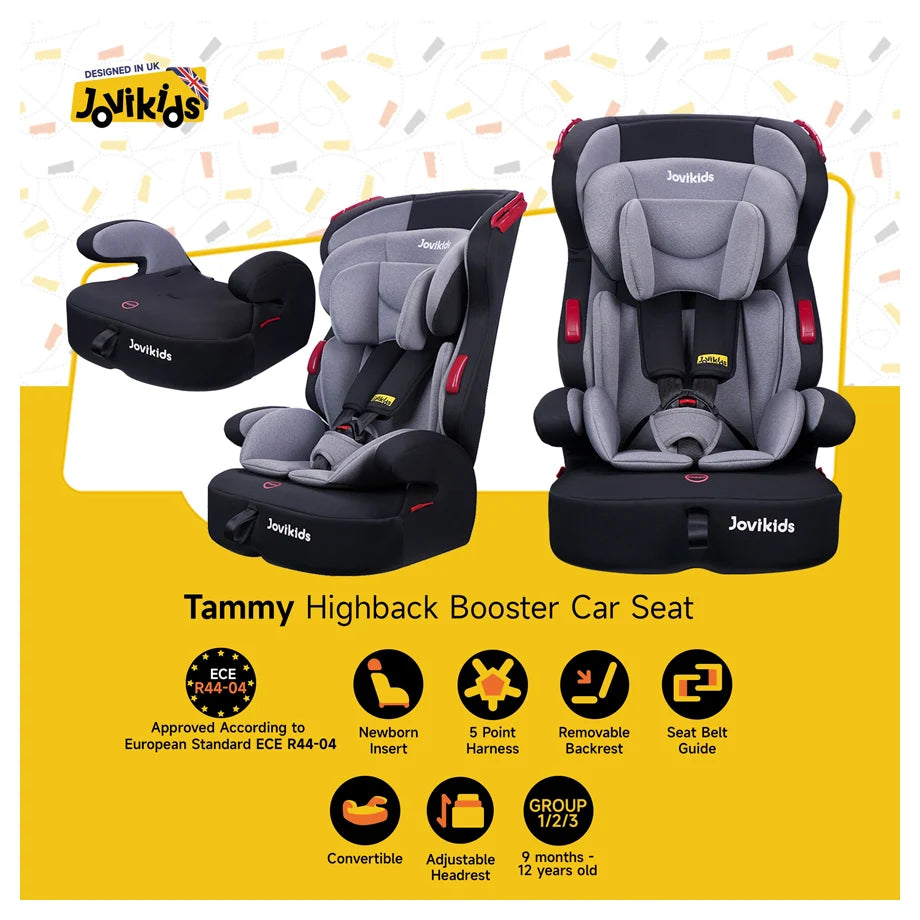 Jovikids Tammy Convertible Car Seat (9M–12Y, Group 1/2/3) (Grey)