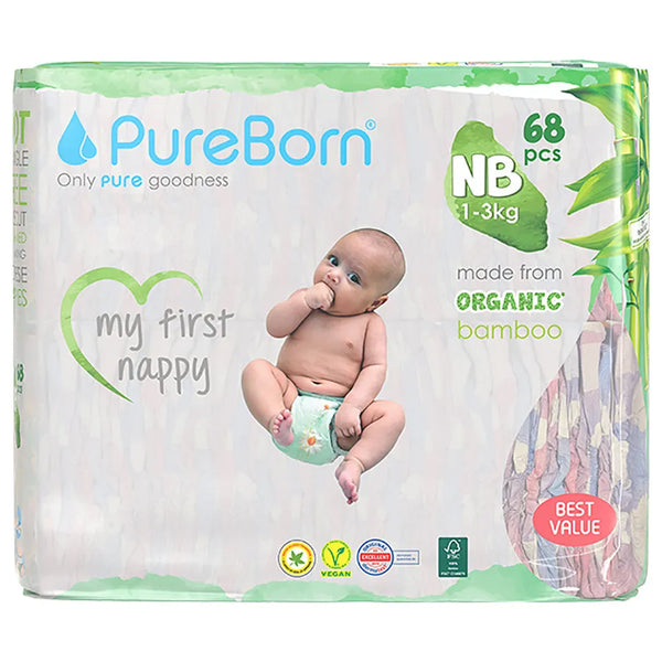 PureBorn Organic Bamboo Diapers Size NB - (Pack of 68)