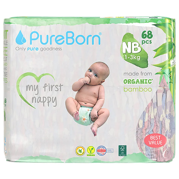 PureBorn Organic Bamboo Diapers Size NB - (Pack of 68)