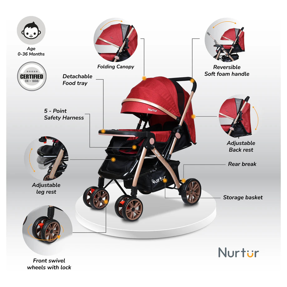 Nurtur Wilder Reversible Stroller with Reclining Seat & Basket (Red)