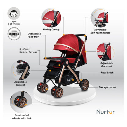 Nurtur Wilder Reversible Stroller with Reclining Seat & Basket (Red)
