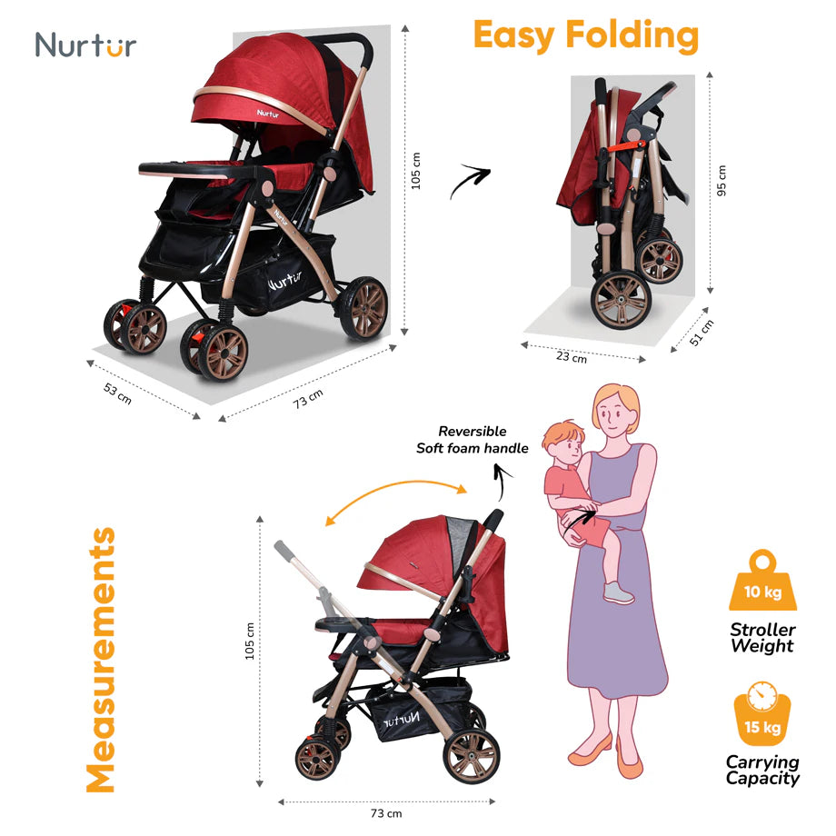 Nurtur Wilder Reversible Stroller with Reclining Seat & Basket (Red)