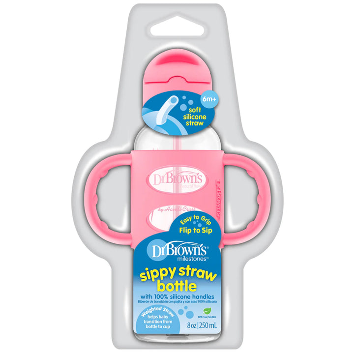 Dr. Browns Sippy Straw Bottle w/ Silicone Handles 250ml (Pink)