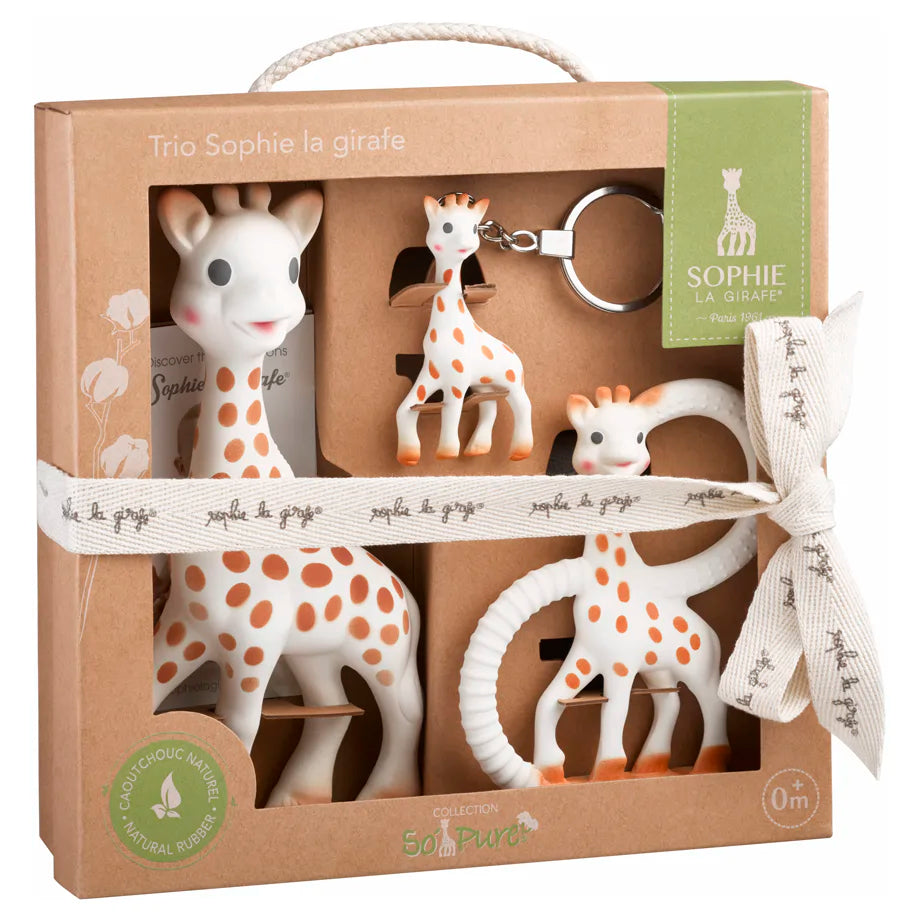 Sophie La Girafe Trio Giraffe Teether Teething Ring Key Chain So'Pure Gift Box (Brown & White)