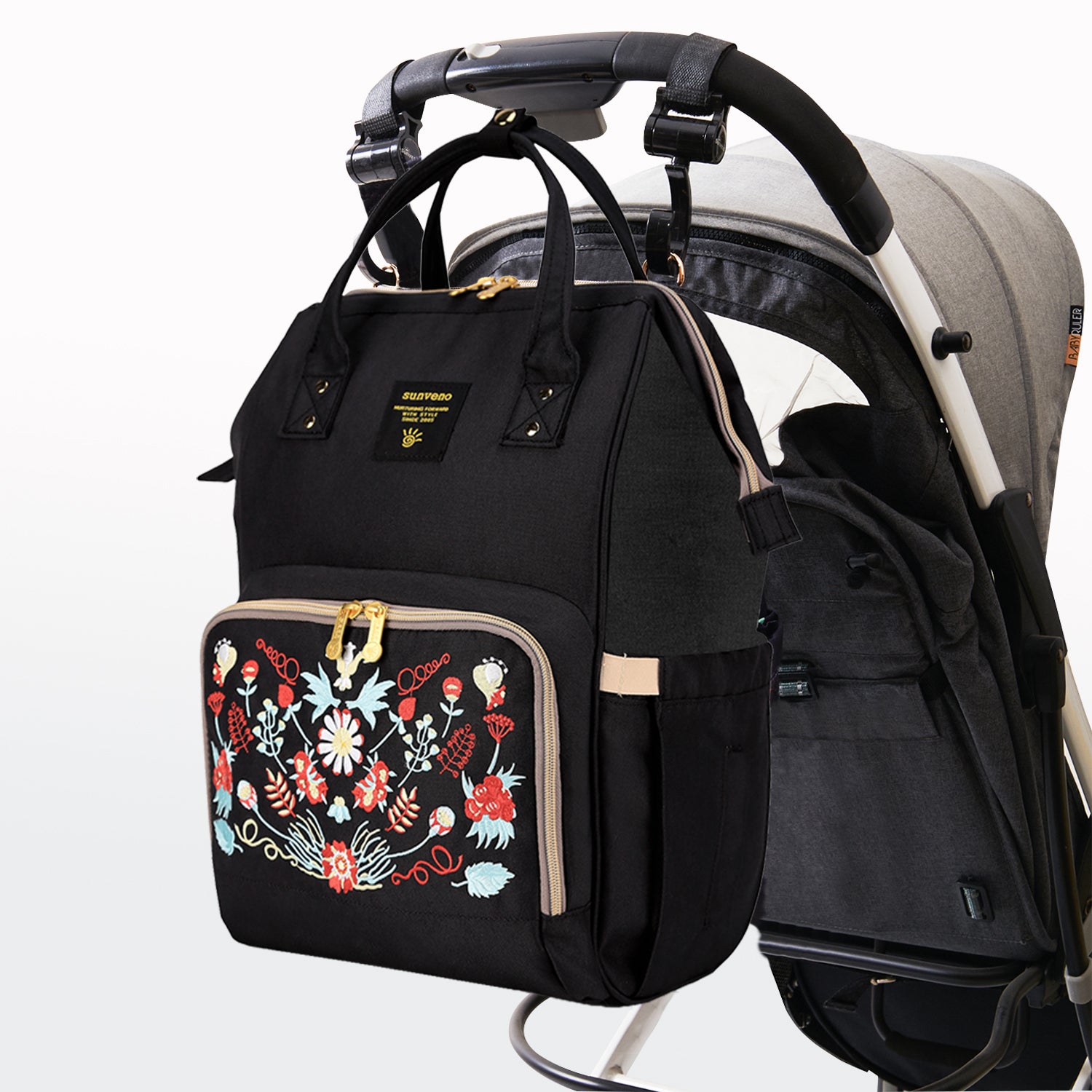 Sunveno - Diaper Bag with Changing Mat (Black Embroidery)
