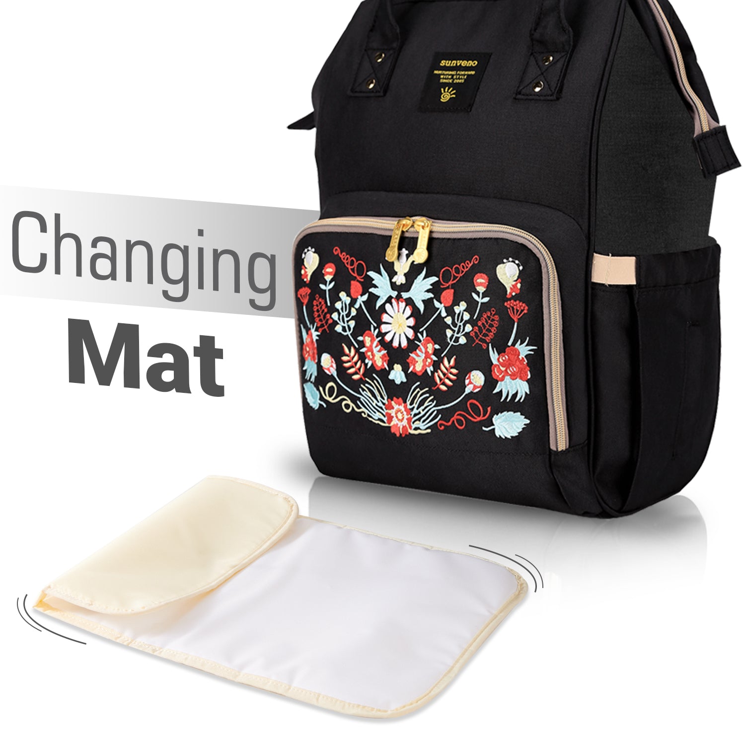 Sunveno - Diaper Bag with Changing Mat (Black Embroidery)