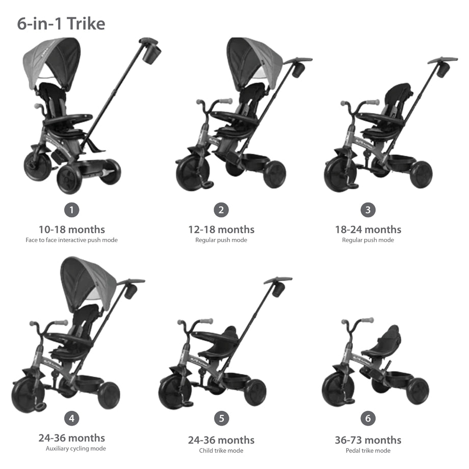 Qplay Elite Platinum 6 In 1 Tricycle For Kids (Grey)