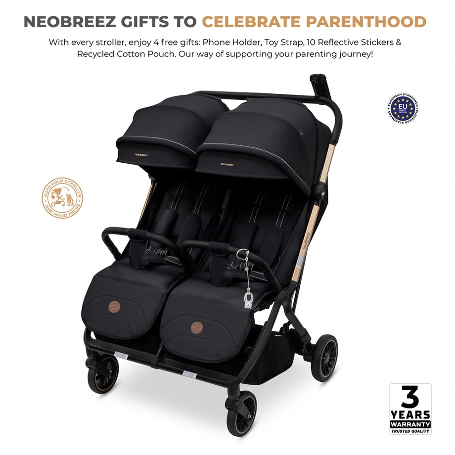 Neobreez Twinex Auto Fold Double Stroller (Black)
