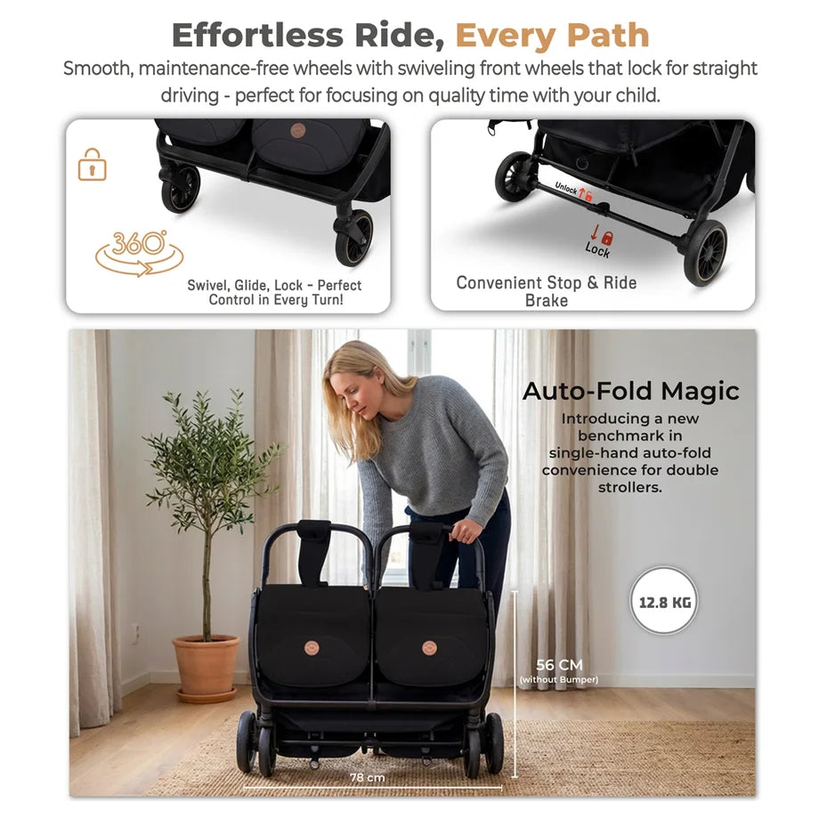 Neobreez Twinex Auto Fold Double Stroller (Black)