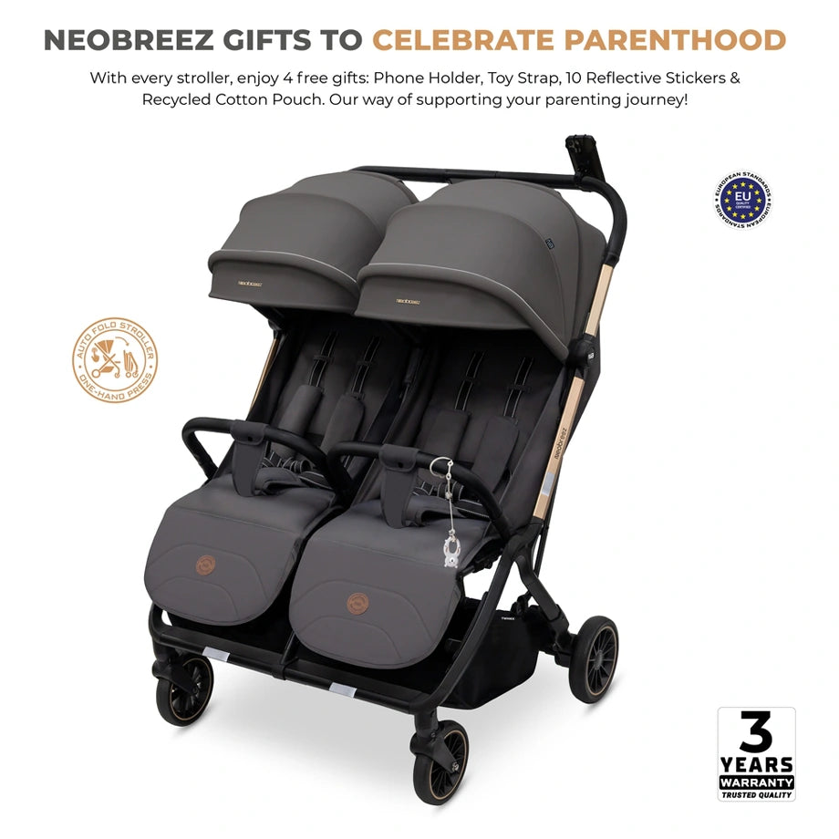 Neobreez Twinex Auto Fold Double Stroller (Grey)