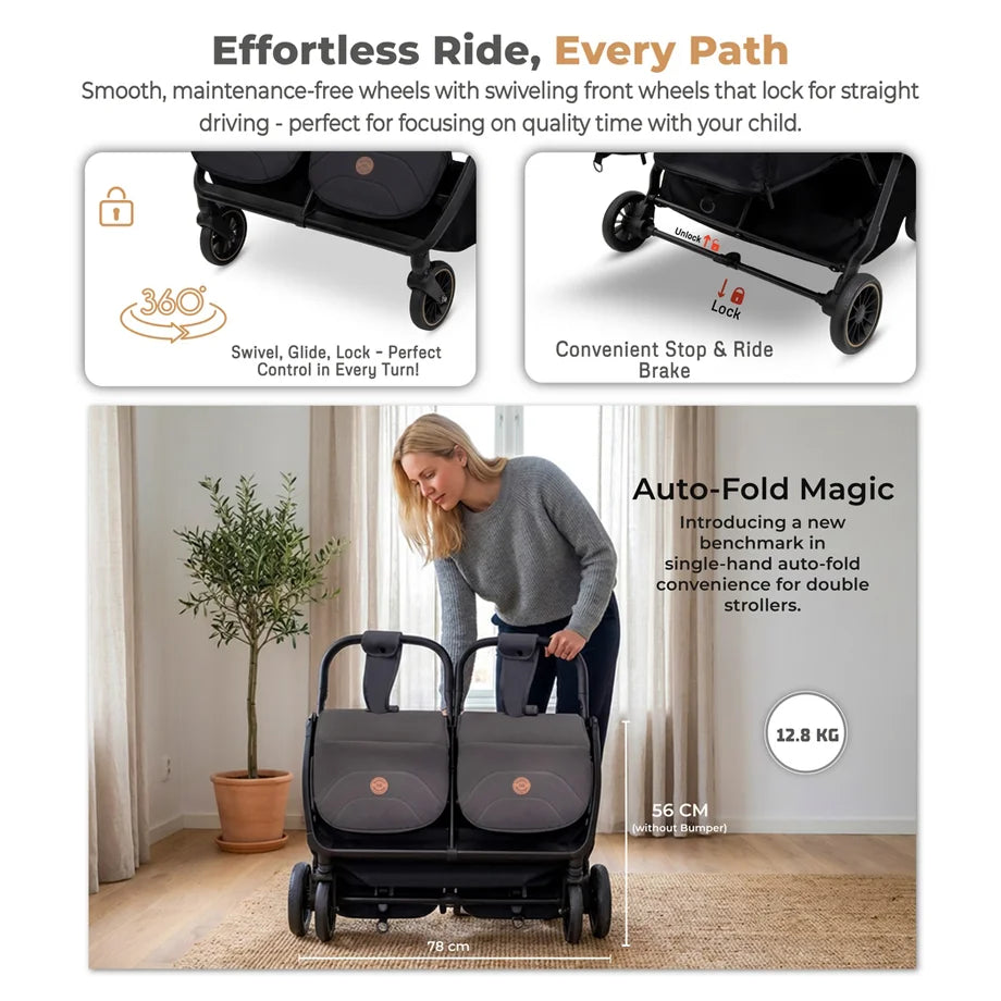 Neobreez Twinex Auto Fold Double Stroller (Grey)
