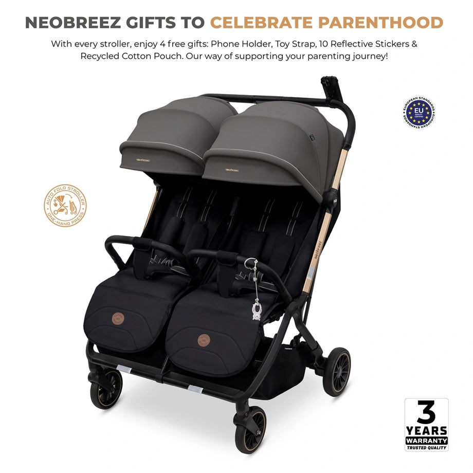 Neobreez Twinex Auto Fold Double Stroller (Grey/Black)