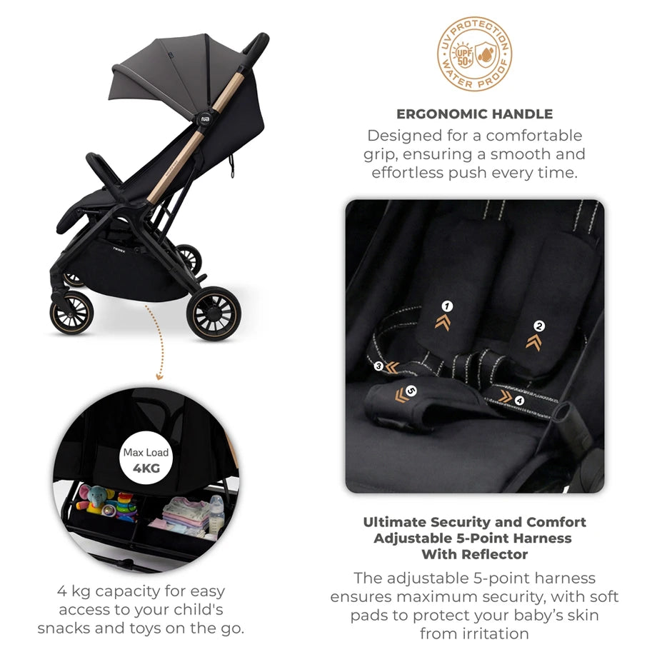 Neobreez Twinex Auto Fold Double Stroller (Grey/Black)