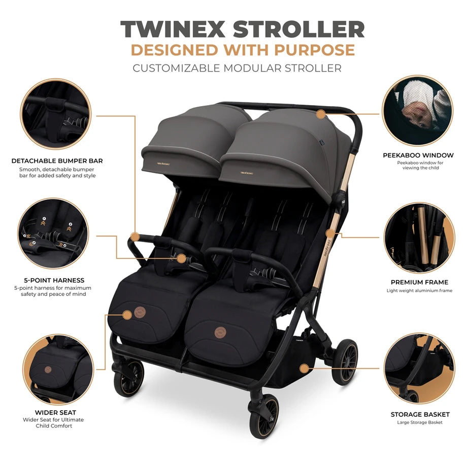 Neobreez Twinex Auto Fold Double Stroller (Grey/Black)