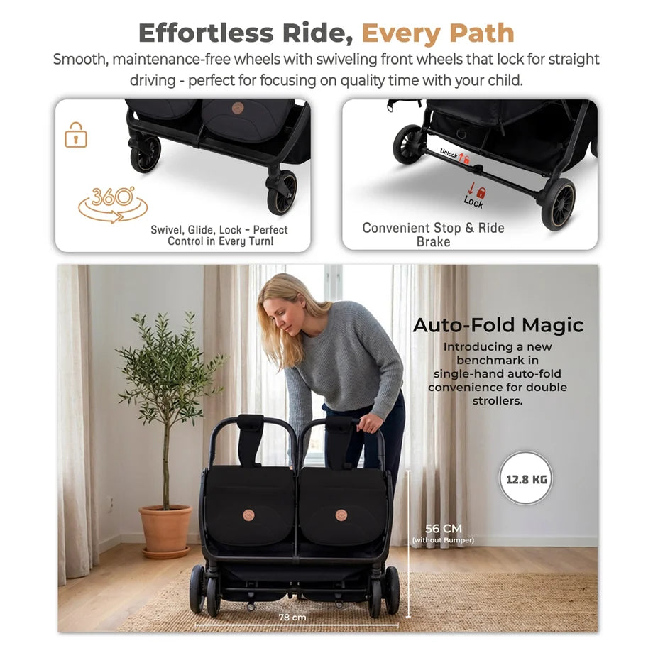 Neobreez Twinex Auto Fold Double Stroller (Grey/Black)