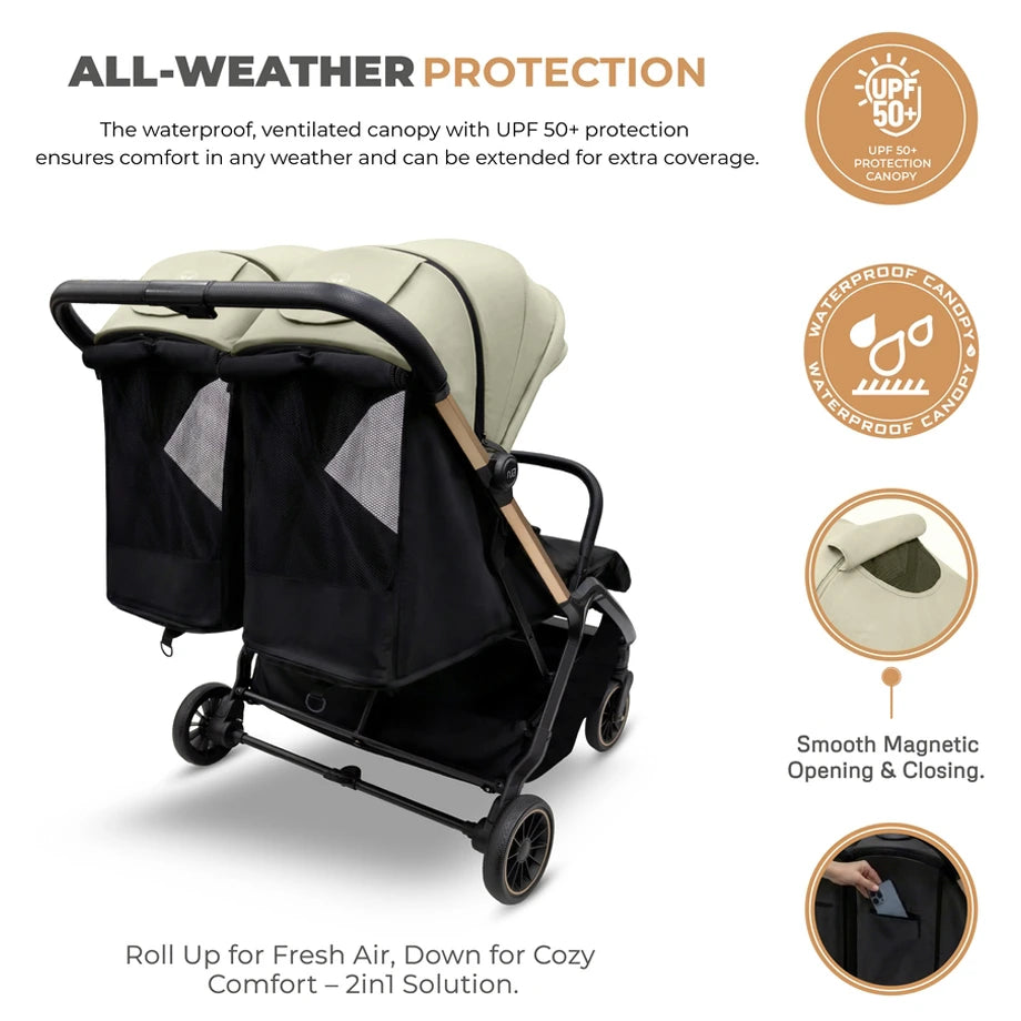 Neobreez Twinex Auto Fold Double Stroller (Beige/Black)