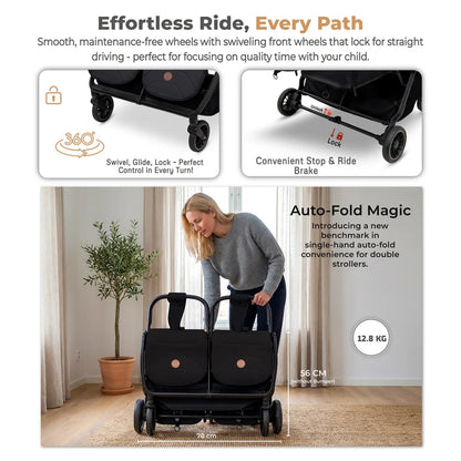 Neobreez Twinex Auto Fold Double Stroller (Beige/Black)