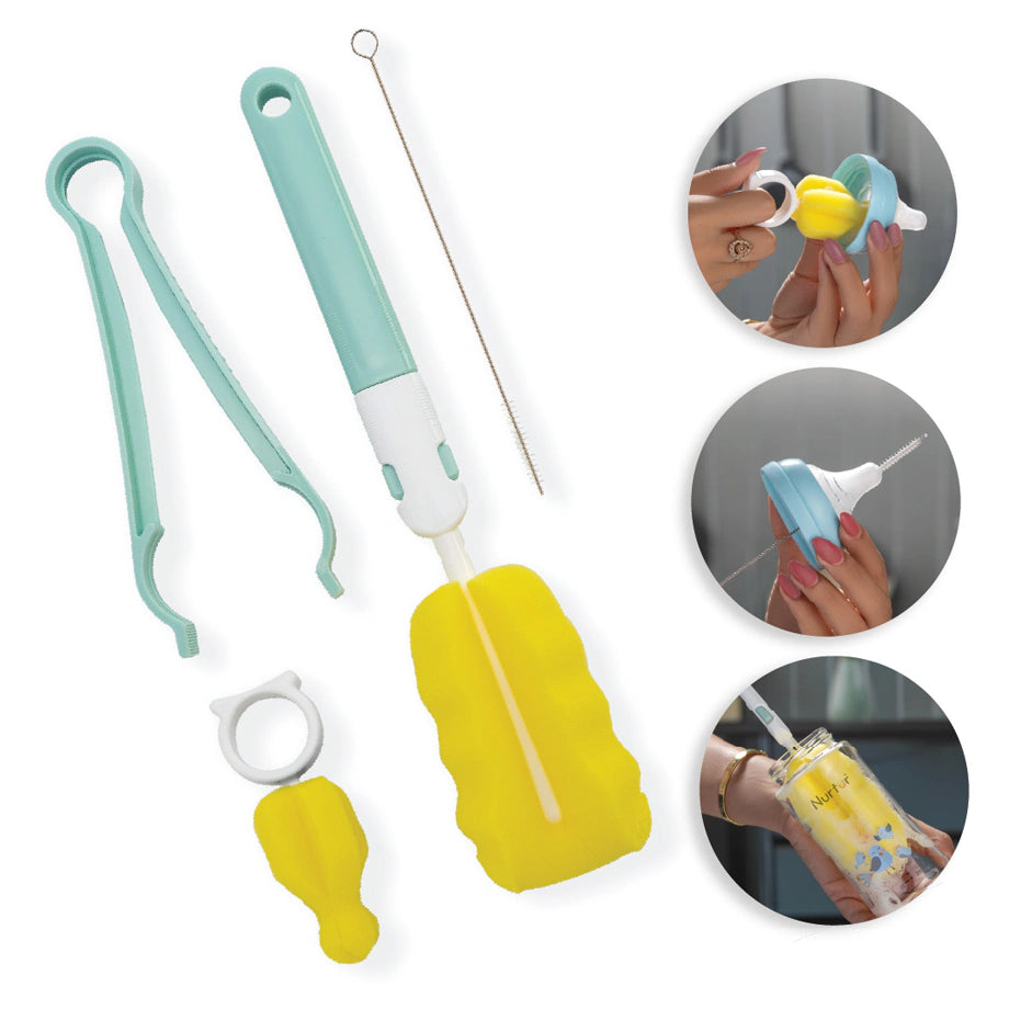 Nurtur 5-in-1 Baby Bottle Brush with Sponge, Teat Brush & Sterile Tongs
