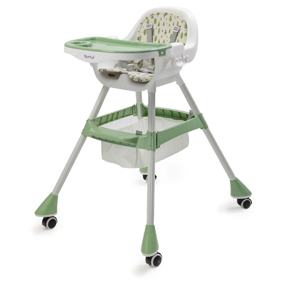 Nurtur High Chair with Storage Basket, Lockable Wheels & Detachable Tray (Green)