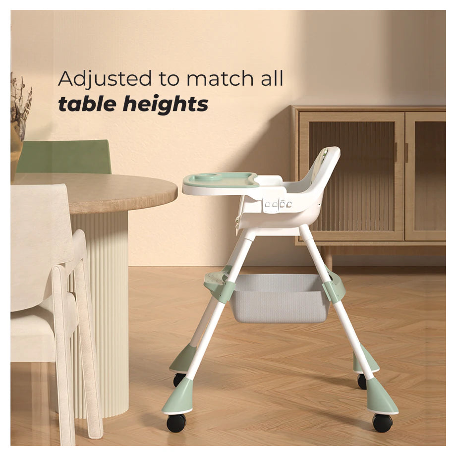 Nurtur High Chair with Storage Basket, Lockable Wheels & Detachable Tray (Green)