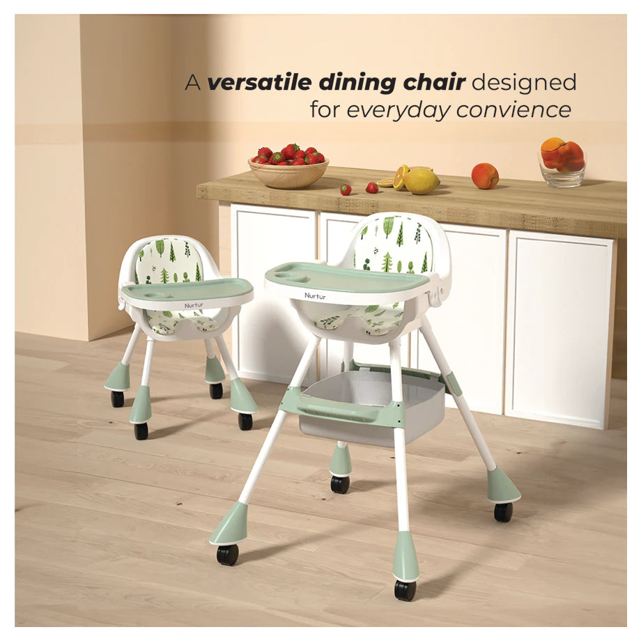Nurtur High Chair with Storage Basket, Lockable Wheels & Detachable Tray (Green)