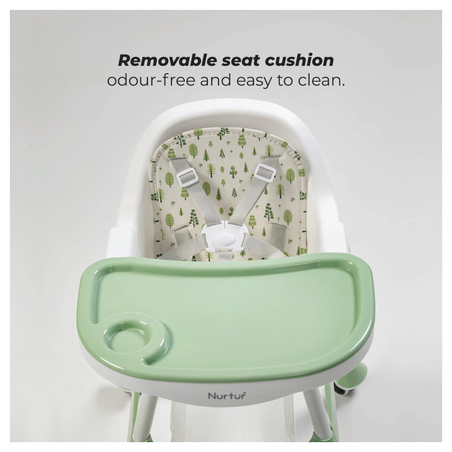 Nurtur High Chair with Storage Basket, Lockable Wheels & Detachable Tray (Green)
