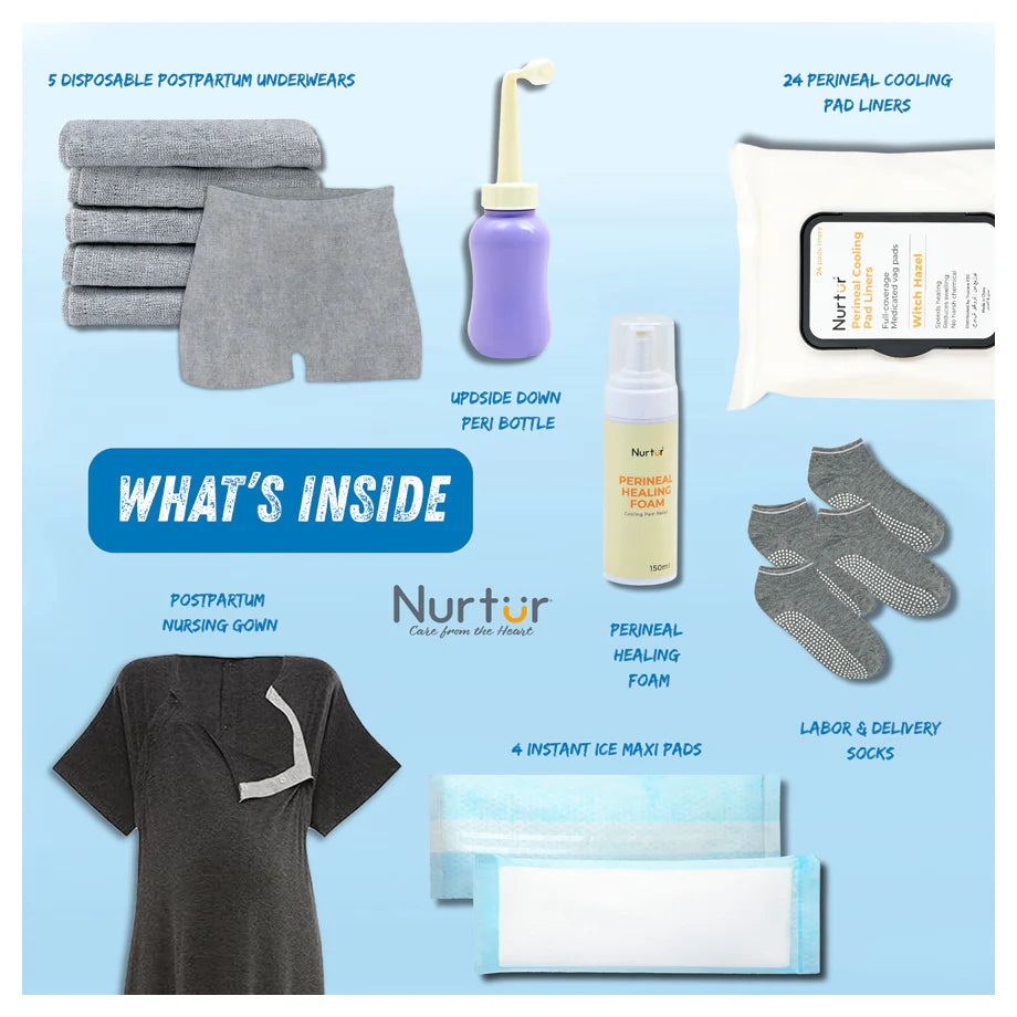 Nurtur Postpartum Recovery Care Kit – 7-in-1 with Peri Bottle & Cooling Pads