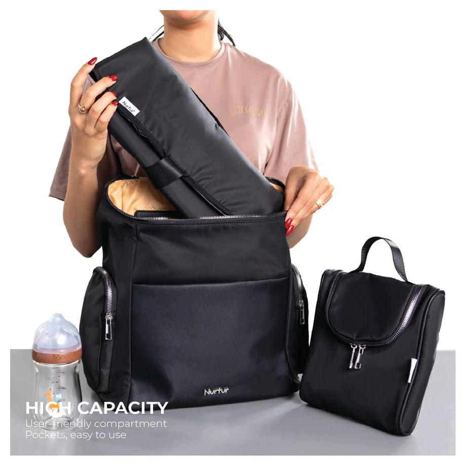 Nurtur Aura Diaper Bag Premium with Bottle Insulator & Changing Pad (Black)