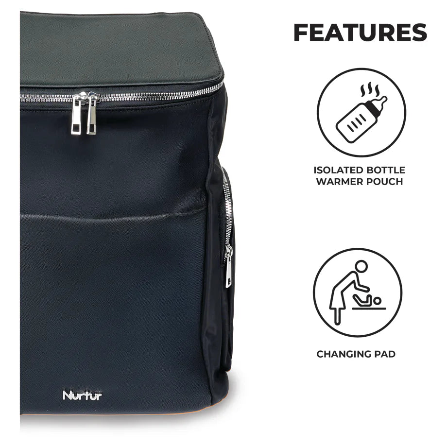 Nurtur Aura Diaper Bag Premium with Bottle Insulator & Changing Pad (Black)