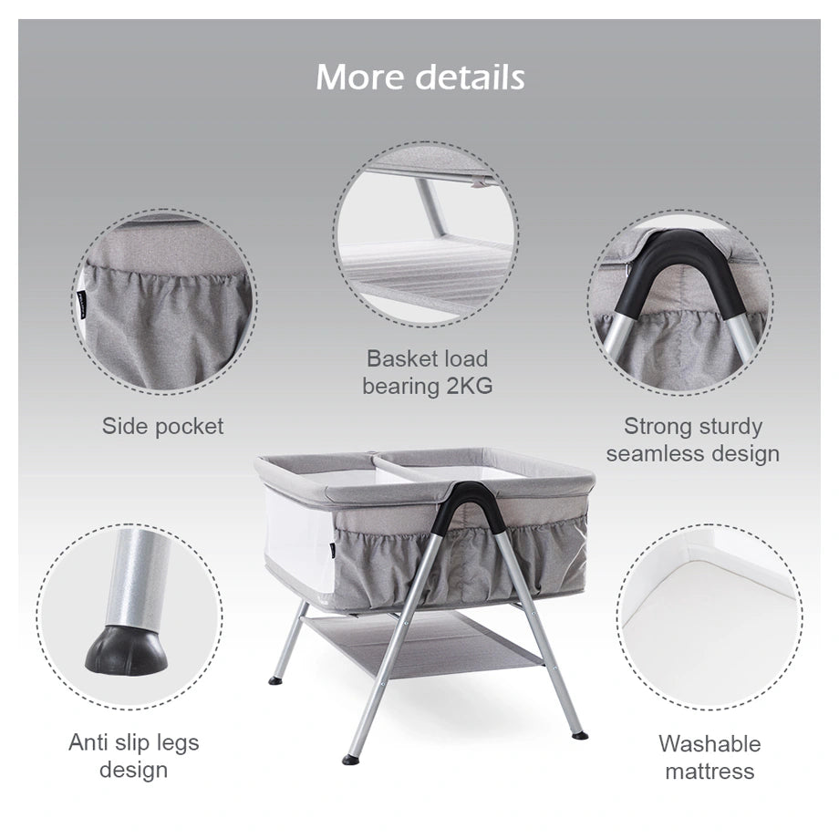 Teknum Fellow 2 Twin Bedside Crib Bassinet (Grey)
