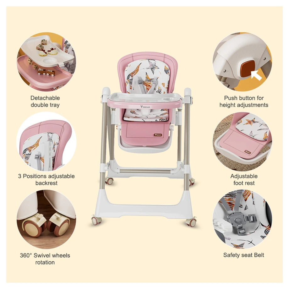 Teknum 5-in-1 Swing & High Chair with Lockable Wheels (Pink)