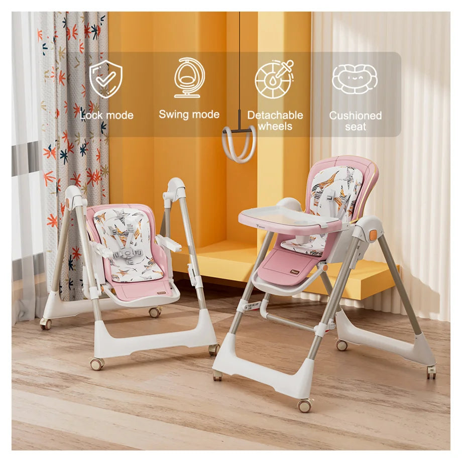 Teknum 5-in-1 Swing & High Chair with Lockable Wheels (Pink)
